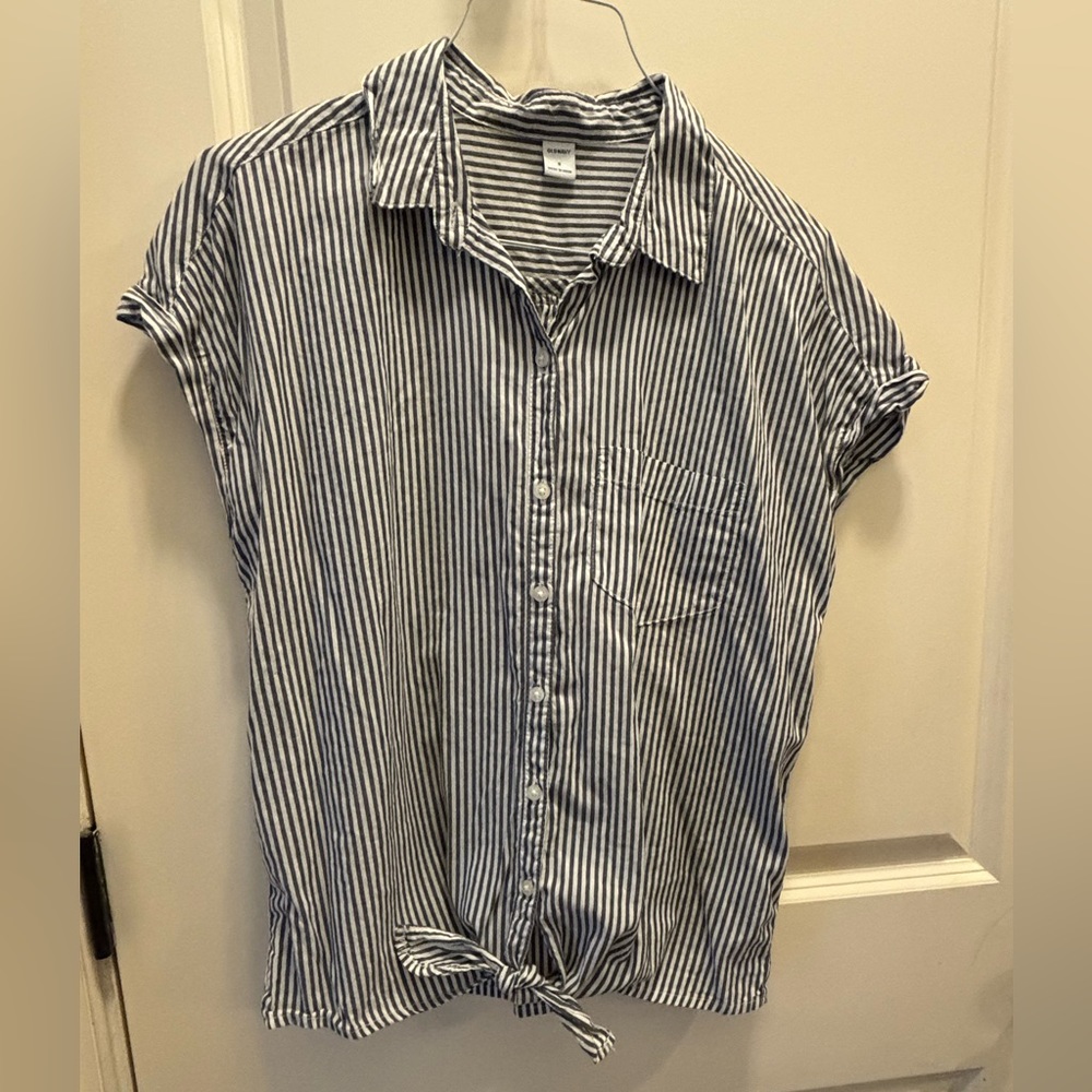 Old Navy dark grey and white striped shirt; size small
